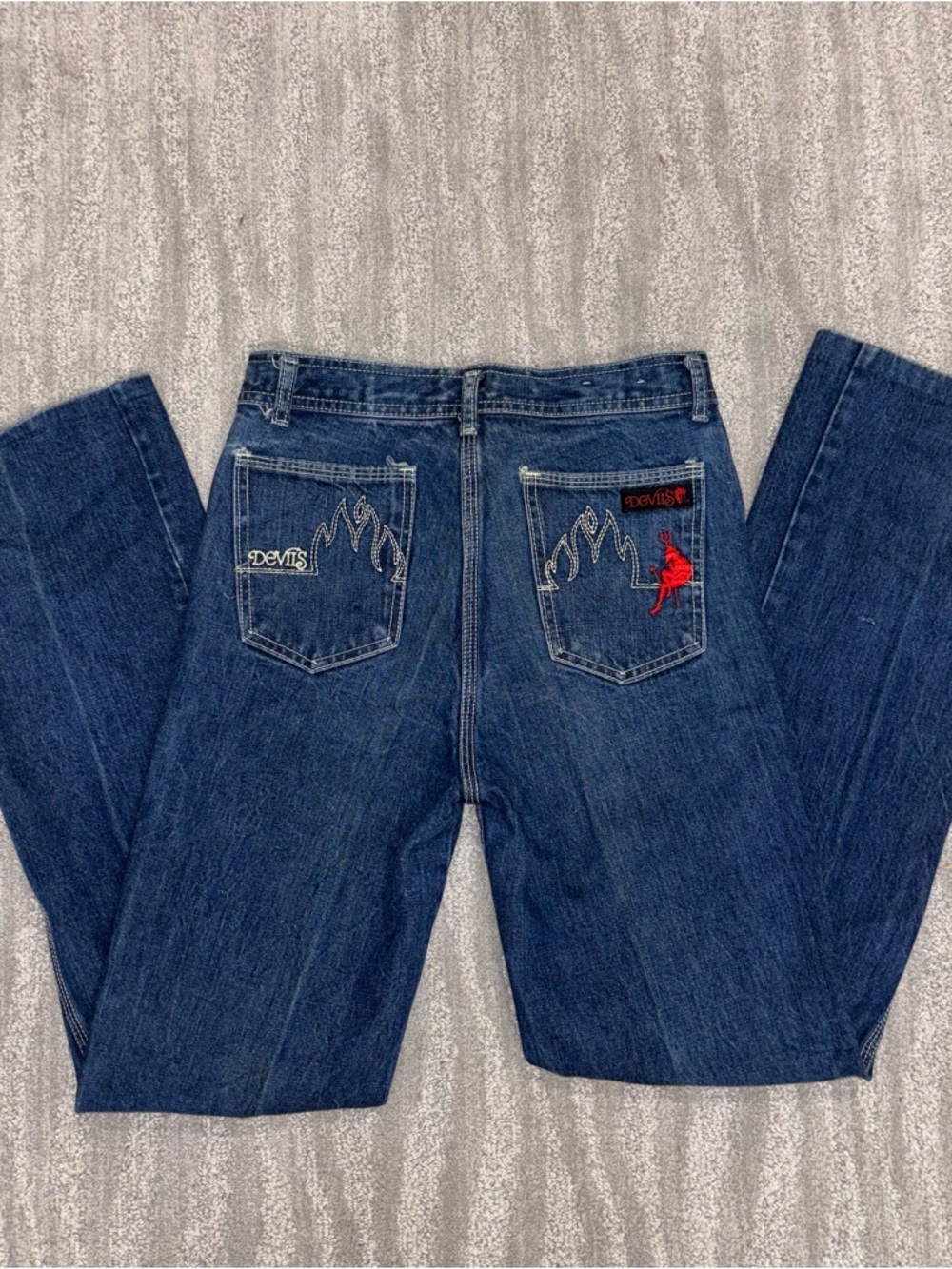 VTG 80’s DEVILS Jeans Embroidered Straight Leg Dark Wash Rare Flame Women’s 30”